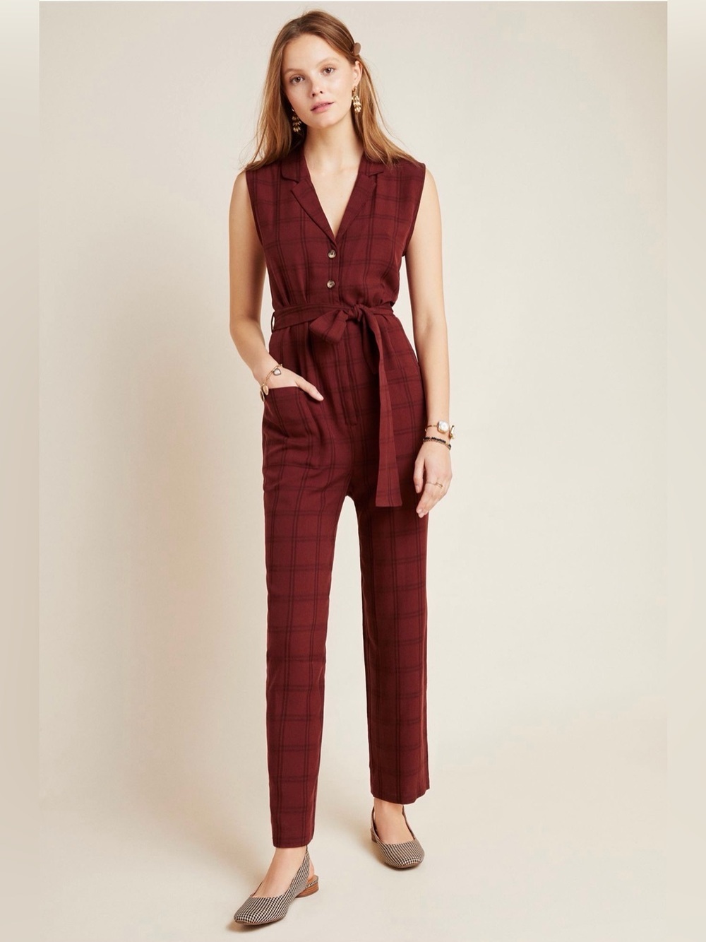 Anthropologie Brielle Plaid Jumpsuit Belted XS